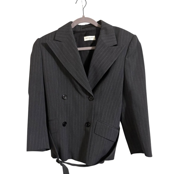 Dries Van Noten Gray Pinstripe Belted Blazer Wool Blend Size 36 US 4 - Picture 3 of 11